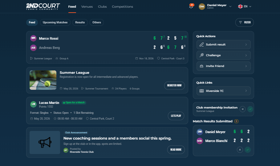 The tennis feed screen